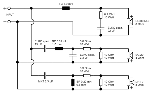 A typical three-way loudspeaker crossover circuit diagram